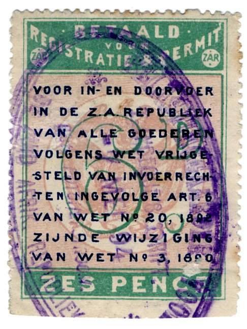 (I.B) Transvaal Revenue : Customs Frank Fee 6d