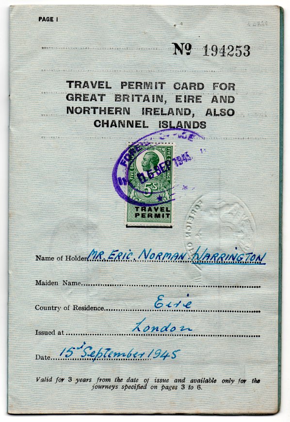 (I.B) George V Revenue : Travel Permit Card 5/- (complete document)