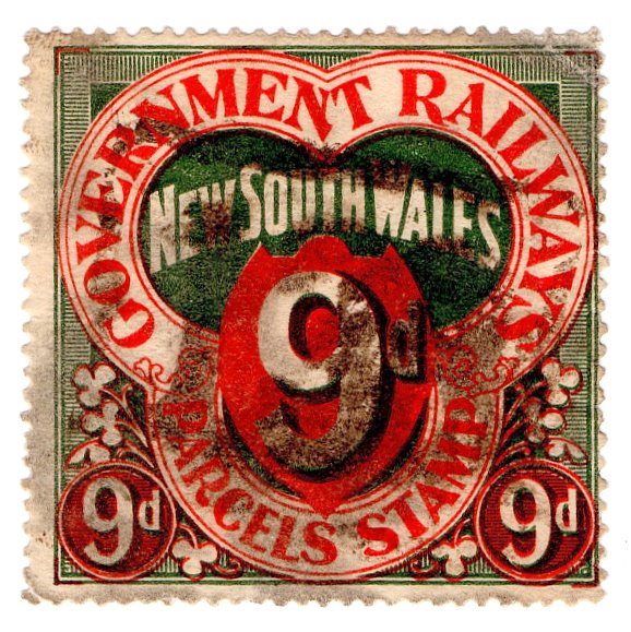 (I.B) Australia - NSW Railways Parcel 9d (sideways NSW over R watermark)