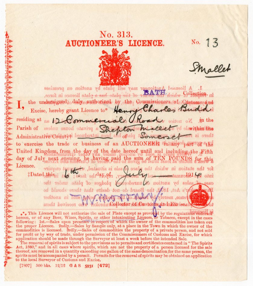 (I.B) George V Revenue : Auctioneer's Licence &Acirc;&pound;10 (Shepton Mallet 1914)