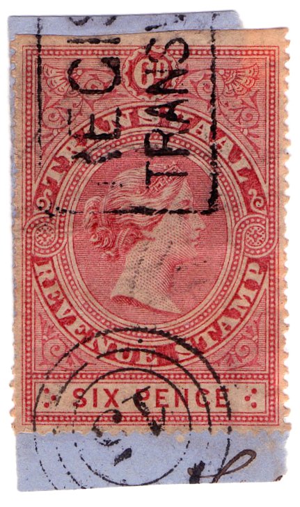 (I.B) Transvaal Revenue : Duty 6d (Registered Mail cancel)