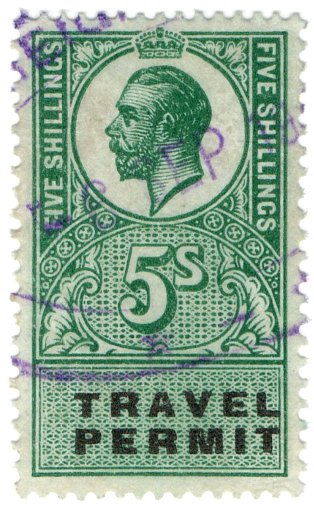 (I.B) George V Revenue : Travel Permit 5/-