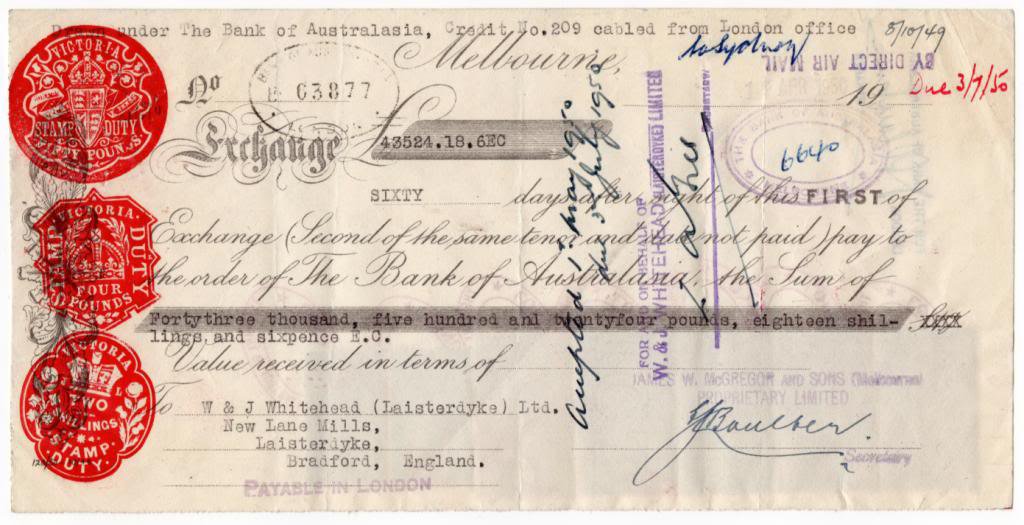 (I.B) George V Revenue : Foreign Bill &Acirc;&pound;21 16/- (+ Australia Victoria &Acirc;&pound;54 2/-)