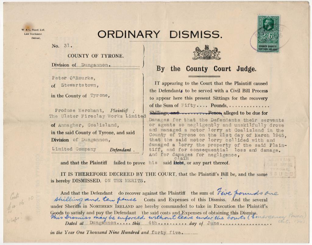 (I.B) George V Revenue : County Courts Ireland 2/6d (complete document)