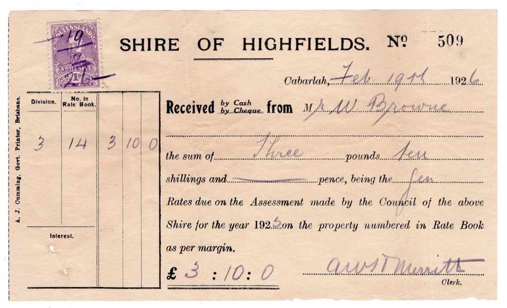 (I.B) Australia - Queensland Revenue : Adhesive Duty 1d (Highfields 1926)