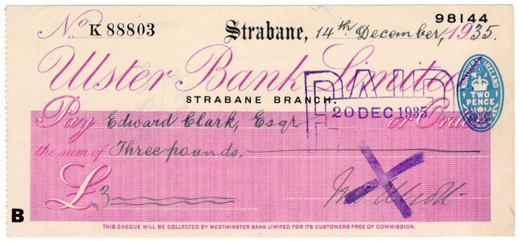 (I.B) George V Revenue : Cheque Duty (Northern Ireland) 2d