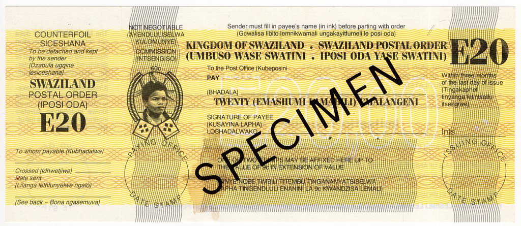 (I.B) Swaziland Revenue : Postal Order E20