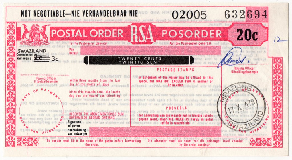 (I.B) South Africa Revenue : Postal Order 20c (Swaziland Overprint)
