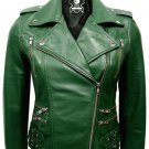 Women Green Brando Style Leather Jacket With Waist Zippers and Belts
