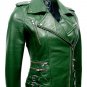 Women Green Brando Style Leather Jacket With Waist Zippers and Belts