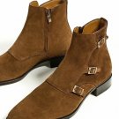Handmade Men suede Leather Boots Mens Brown Three Buckle Fashion Ankle High Boot