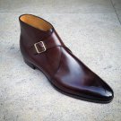 Men Handmade Monk Single Buckle Strap Plain Pointed Tip Real Leather Shoes