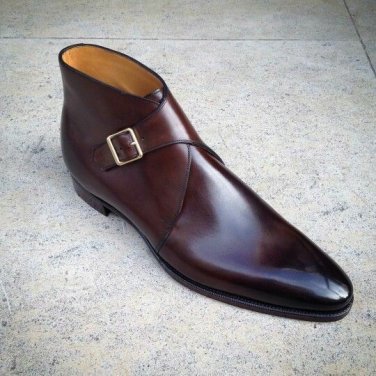 Men Handmade Monk Single Buckle Strap Plain Pointed Tip Real Leather Shoes