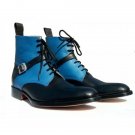 Handmade Jodhpurs Blue Black Boots ,Blue Ankle Lace UP Boots Round Ankle Strap