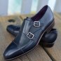 Handmade Double Monk Navy Blue Shoes Cap Toa Brogue Tuxedo Shoes Formal Shoes