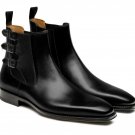 Men Chelsea Black Boots, Buckle Decoration Handmade Ankle High Dress Formal Boot