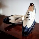 Handmade Men Oxford Wing Tip Shoes, White Black Leather Formal Tuxedo Shoes
