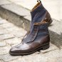 Hand Crafted Button Top Boots, Brogue Denim Leather Vintage Brown Boots Men's