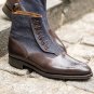 Hand Crafted Button Top Boots, Brogue Denim Leather Vintage Brown Boots Men's