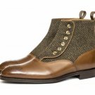 Handmade Two Tone Tweed Buttons Boots, Men Fashion Brown Leather Tweed Boots