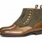 Handmade Two Tone Tweed Buttons Boots, Men Fashion Brown Leather Tweed Boots