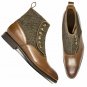 Handmade Two Tone Tweed Buttons Boots, Men Fashion Brown Leather Tweed Boots