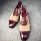 Handmade Men's Beige Brown Cap Toe Shoes Suede Leather Sole Dress Formal For Men