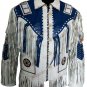 Cultural White Blue Native Fringe vintage Leather jacket Beads and Bones Coat