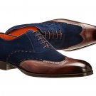 Mens Wingtip Shoes, Tan Navy Blue Suede Leather Shoes, Oxford Leather Shoes