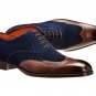 Mens Wingtip Shoes, Tan Navy Blue Suede Leather Shoes, Oxford Leather Shoes