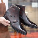 Triple Monk Burgundy Leather Boots, Two Tone Dress Formal Leather Boots Handmade