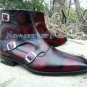 Triple Monk Burgundy Leather Boots, Two Tone Dress Formal Leather Boots Handmade