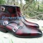 Triple Monk Burgundy Leather Boots, Two Tone Dress Formal Leather Boots Handmade