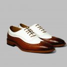 Oxford Wing Tip Shoes, Dress Formal Brown White Shoes, Men Office Leather Shoes