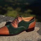 Handmade Formal Shoes Green Brown Oxford Shoes, Men's Cap Toe dress shoes