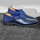 Handmade Navy Blue Monk Shoes,Buckle Strap Leather Shoes, Men Two Tone Shoes