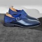 Handmade Navy Blue Monk Shoes,Buckle Strap Leather Shoes, Men Two Tone Shoes