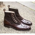 Hand Crafted Men Brown Button Boots, Men Ankle Boots Men Suede & Leather Boot