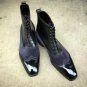 Custom Made Navy Black Leather Ankle Boots, Wing Toe Jeans Casual Boot, Men Boot