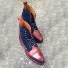 Handmade Ankle Boots Brown Navy Cap Toe Suede & Leather Formal Boots Men