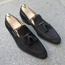 Handmade Loafer Black Suede Leather Shoes Wedding Tussle Shoes Men's Slippers