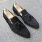 Handmade Loafer Black Suede Leather Shoes Wedding Tussle Shoes Men's Slippers