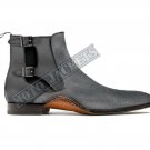 Handmade Gray Chelsea Suede Buckle Leather Boots, Ankle High Designer Boots Men