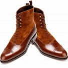 Handmade Ankle High Two Tone Boots. Cap Toe Style Tan Suede & Leather Men Boot