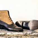 Mens Ankle High Leather Boots, Handmade Boots, Black Beige Boots, Dress Boots