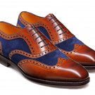 Handmade Oxford Brown Navy Leather Shoes Suede Wing Tip Formal Designer Men Shoe