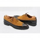 Handmade Two Tone Wingtip Shoes, Formal Designer Black Tan Suede Shoes, Men Shoe