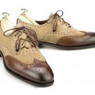 Handmade Men Beige Brown Brogue Shoes, Oxford Formal Dress Suede & Leather Shoes