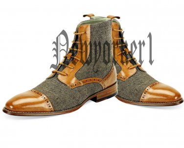 Handmade Ankle High Tan Boots, Two Tone Leather Tweed Casual Boots, Men Boots