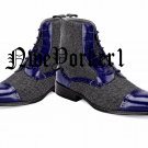 Handmade Navy Blue Boots, Leather & Tweed Fashion Ankle High Stylish Boots Men